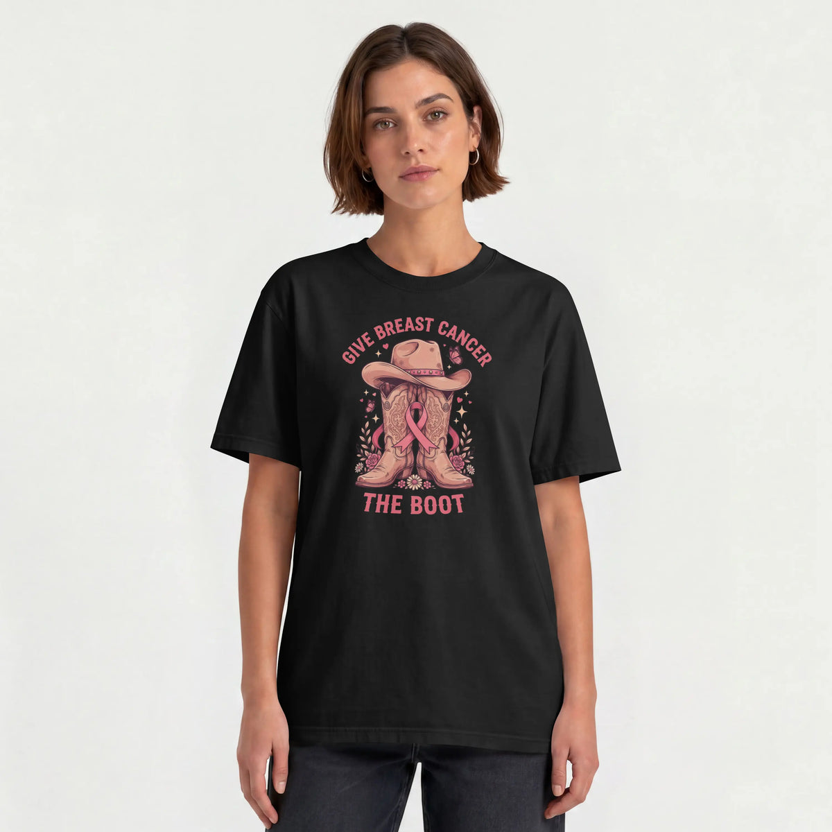 Pink Give Breast Cancer the Boot Short Sleeve T Shirt. DuoCreationZ