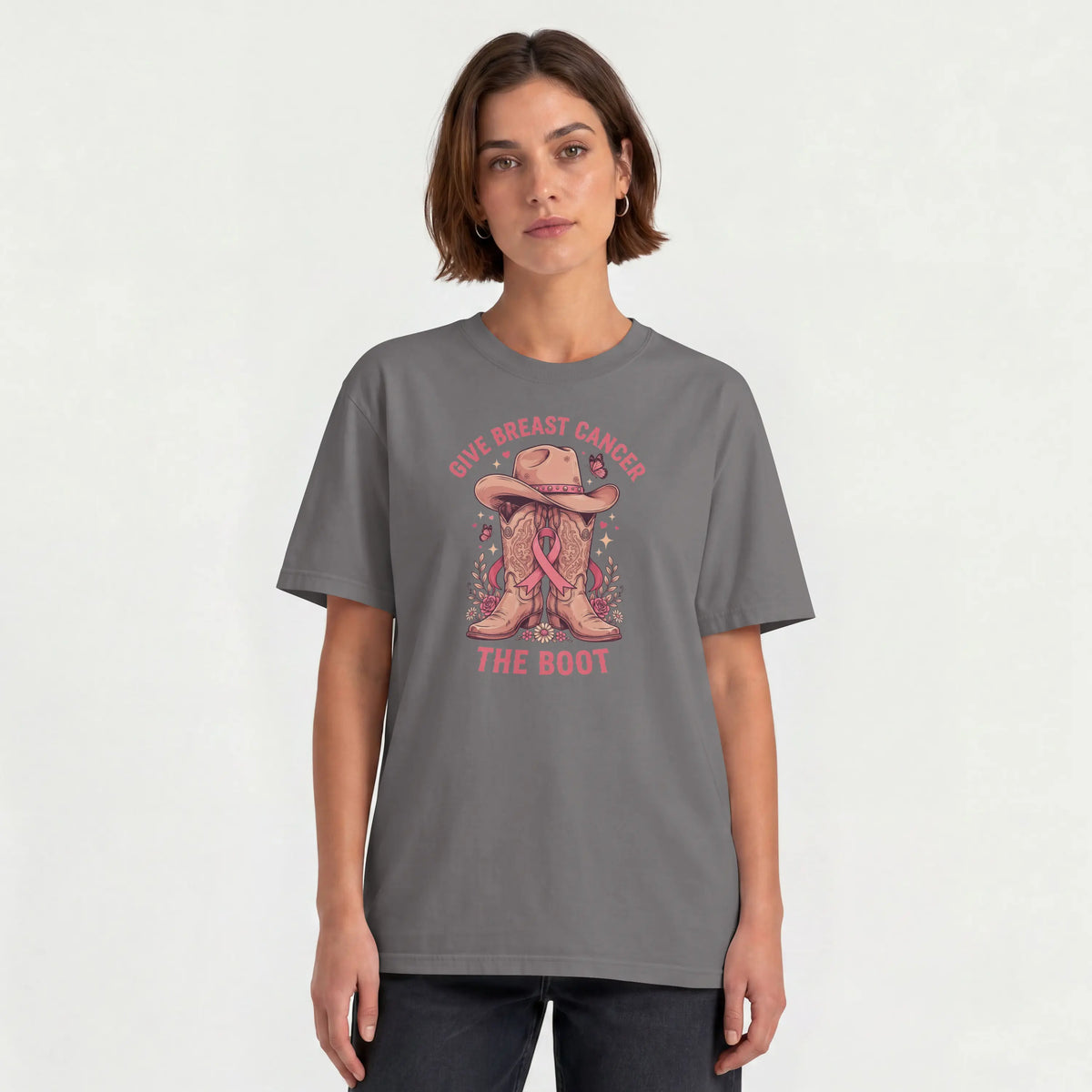 Pink Give Breast Cancer the Boot Short Sleeve T Shirt. DuoCreationZ