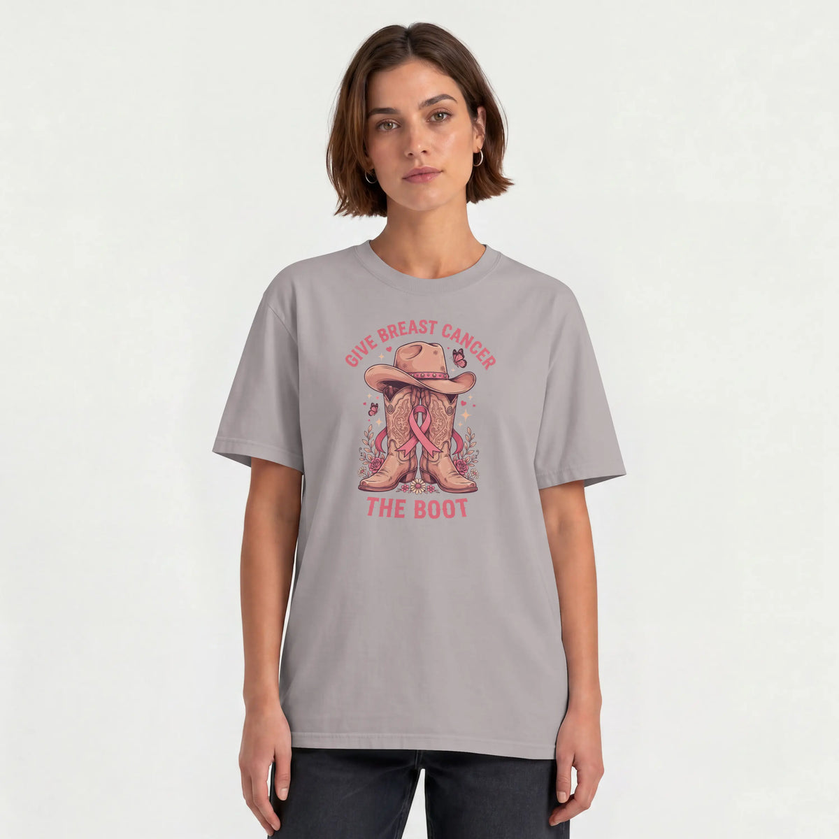 Pink Give Breast Cancer the Boot Short Sleeve T Shirt. DuoCreationZ