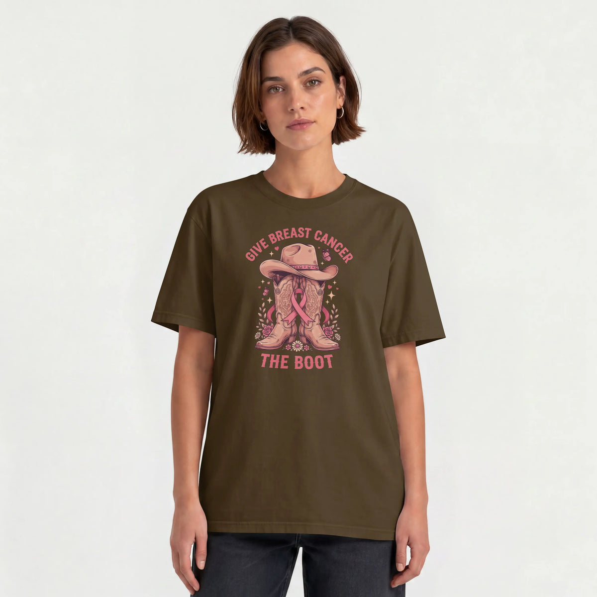 Pink Give Breast Cancer the Boot Short Sleeve T Shirt. DuoCreationZ
