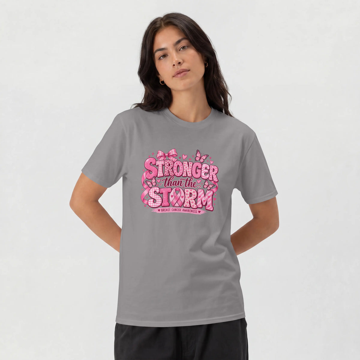 Stronger than the Strom Pink butterfly Cancer Ribbon Short Sleeve T Shirt. DuoCreationZ