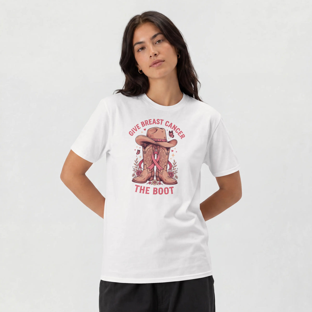Pink Give Breast Cancer the Boot Short Sleeve T Shirt. DuoCreationZ