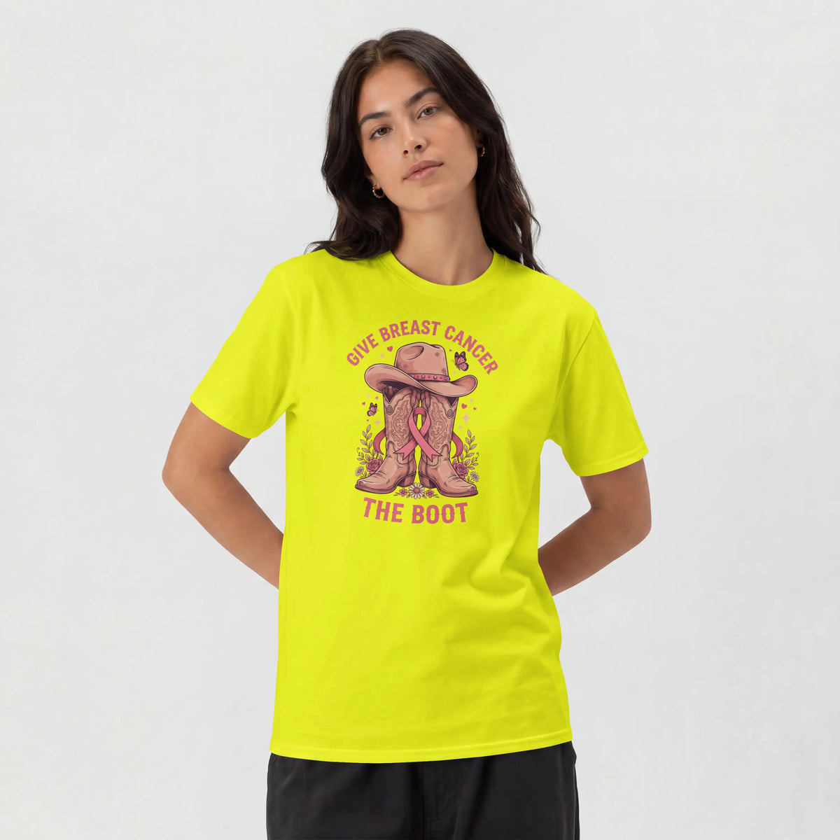 Pink Give Breast Cancer the Boot Short Sleeve T Shirt. DuoCreationZ