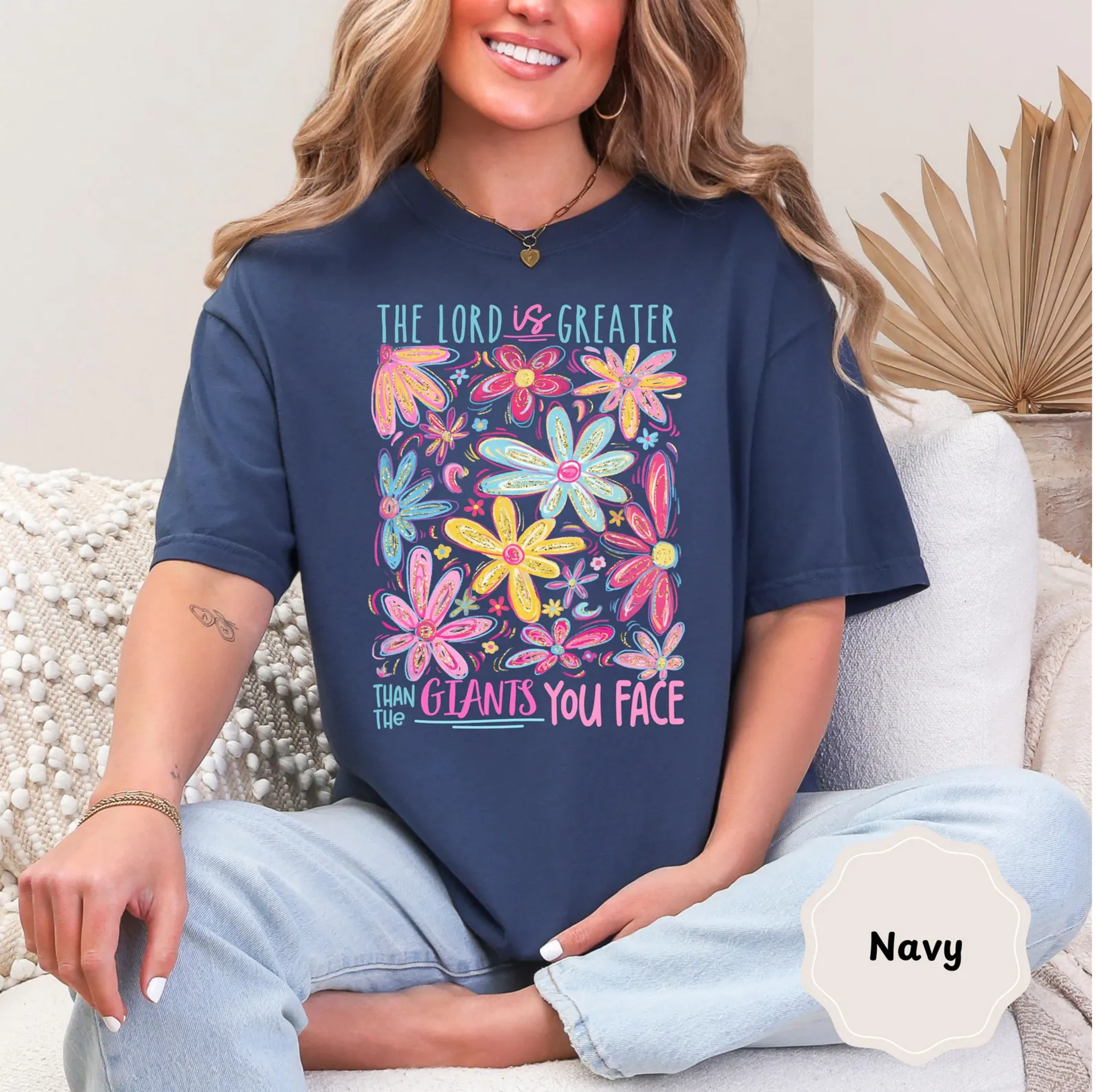 Glitter The Lord Is Greater Than The Giants You Face T-Shirt | Floral Faith Typography | Christian Floral Shirt