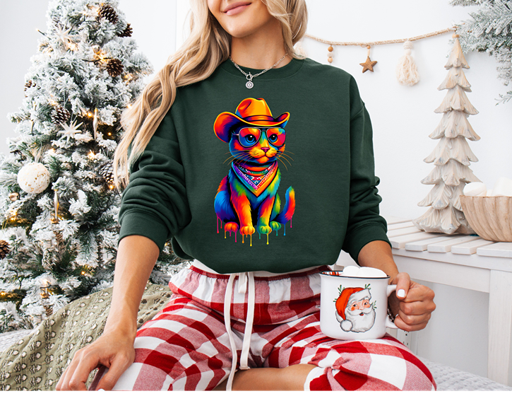 Rainbow Cat Sweatshirt, Cowboy Style Graphic Print, Colorful Dripping Paint Design