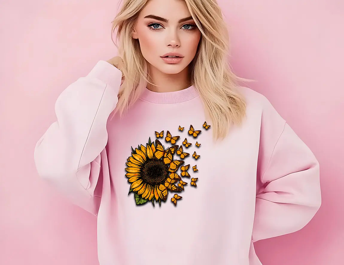 Sunflower and Butterfly Graphic Sweatshirt Duo Creation