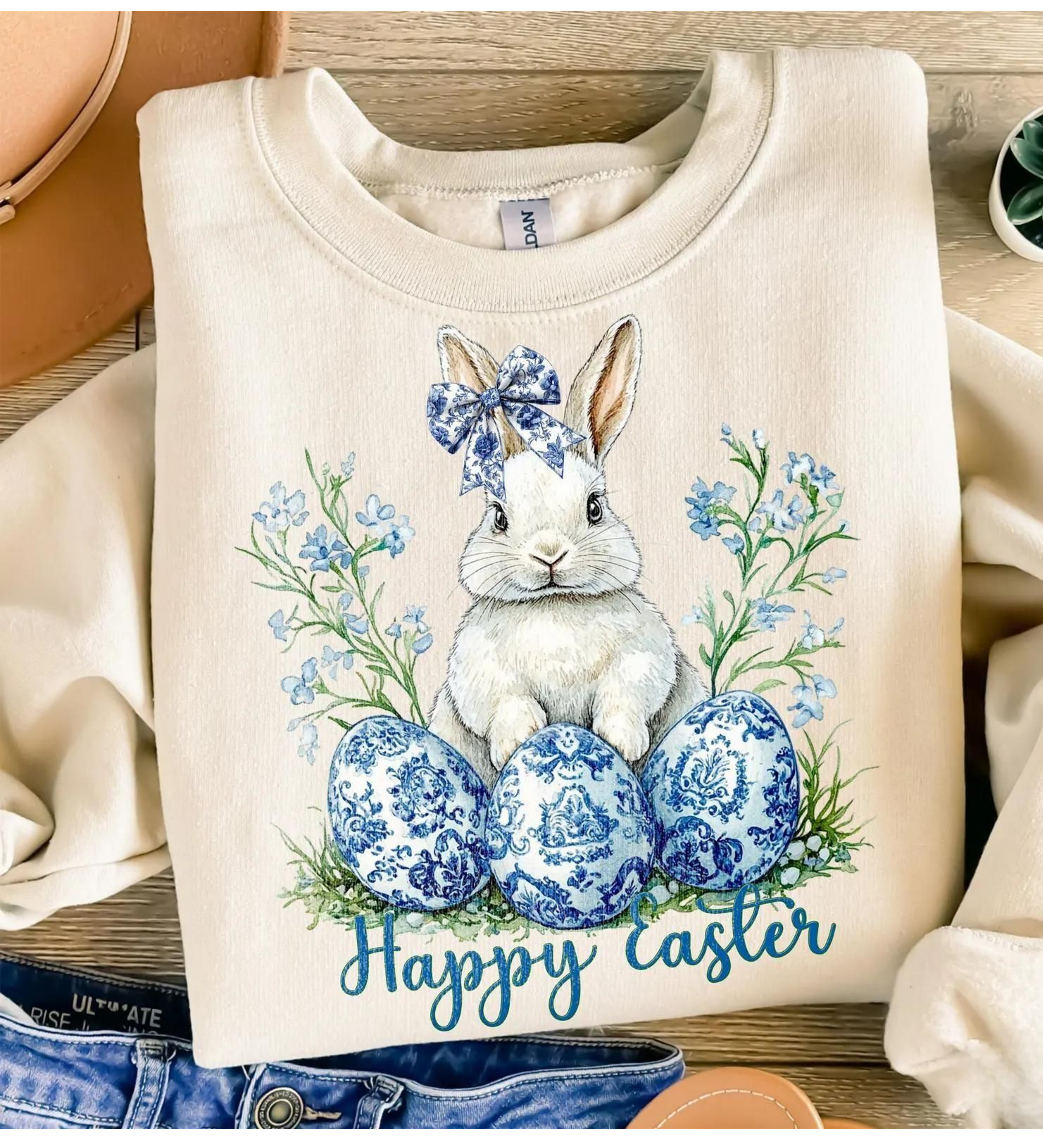 Blue Chinoiserie Easter Bunny Floral Toile Rabbit Sweatshirt
