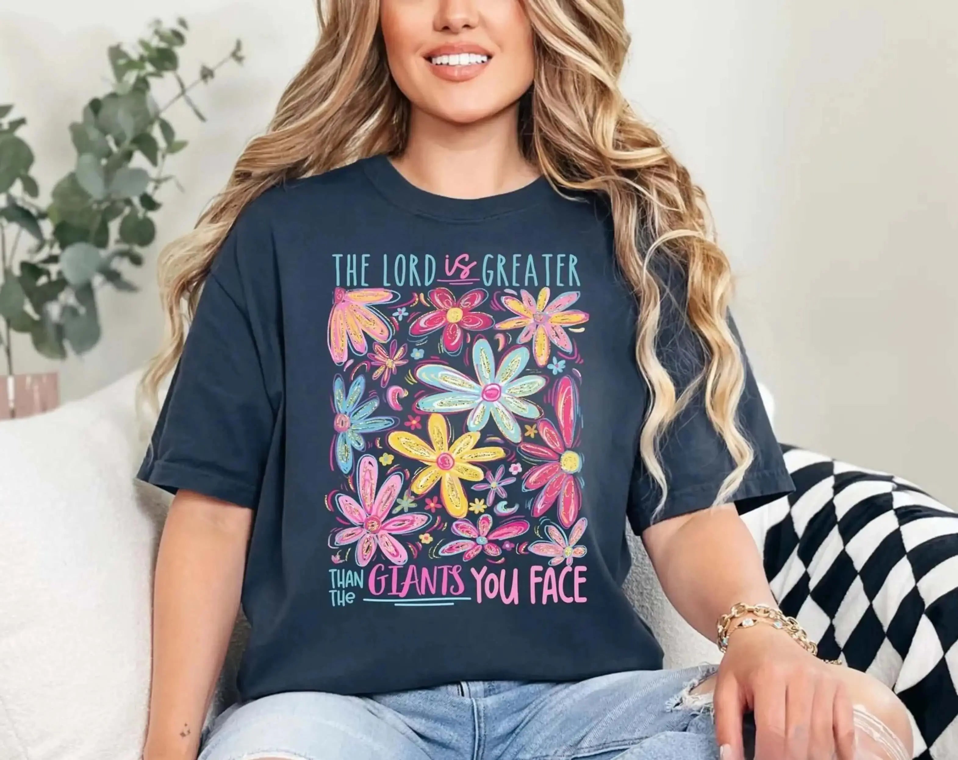 Glitter The Lord Is Greater Than The Giants You Face T-Shirt | Floral Faith Typography | Christian Floral Shirt DuoCreationZ