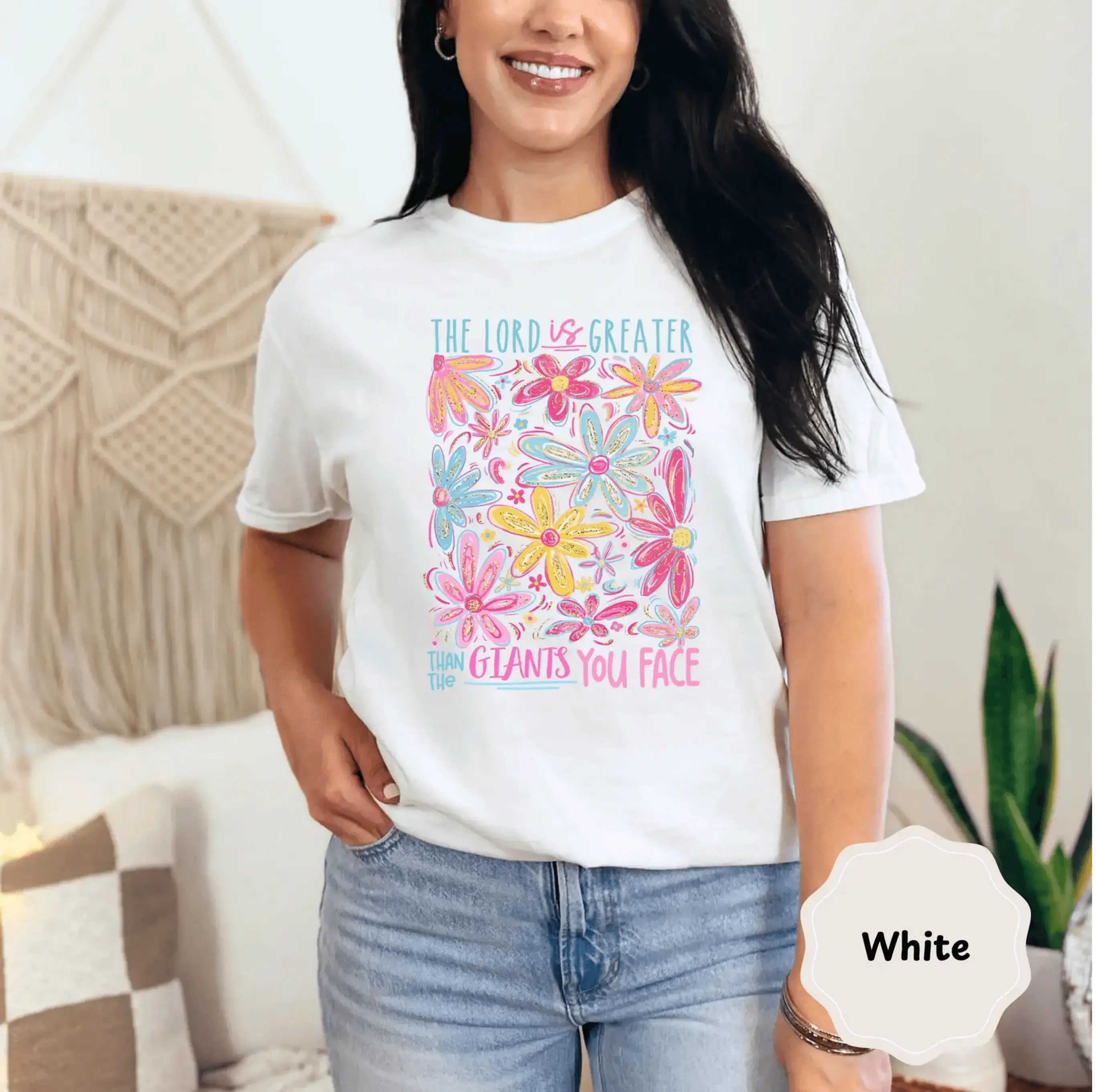 Glitter The Lord Is Greater Than The Giants You Face T-Shirt | Floral Faith Typography | Christian Floral Shirt DuoCreationZ
