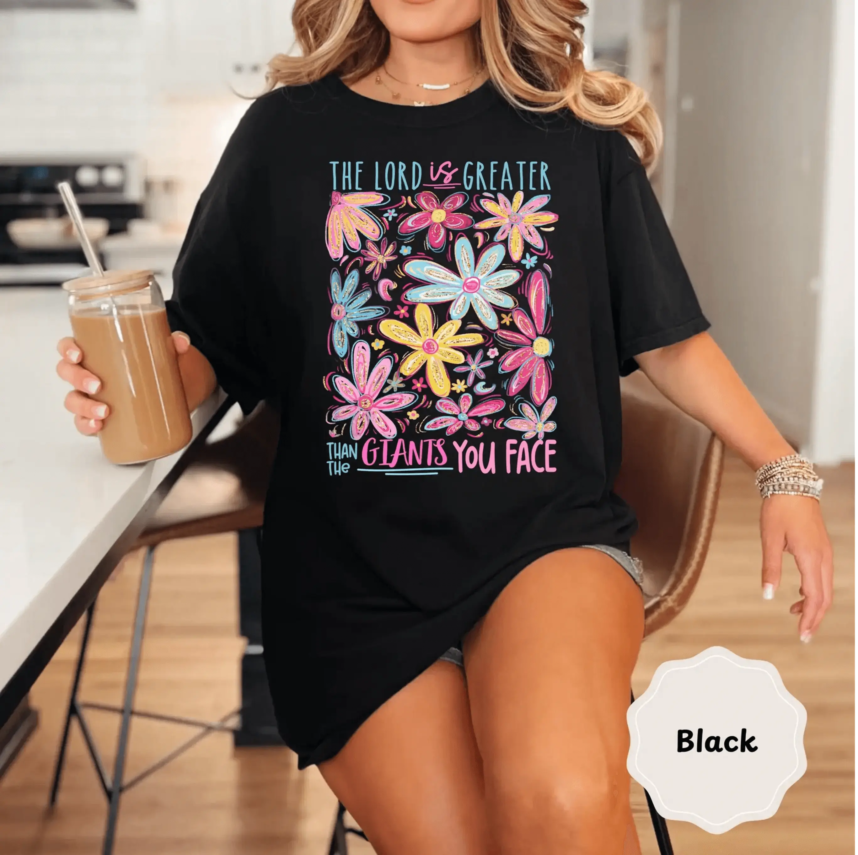 Glitter The Lord Is Greater Than The Giants You Face T-Shirt | Floral Faith Typography | Christian Floral Shirt DuoCreationZ