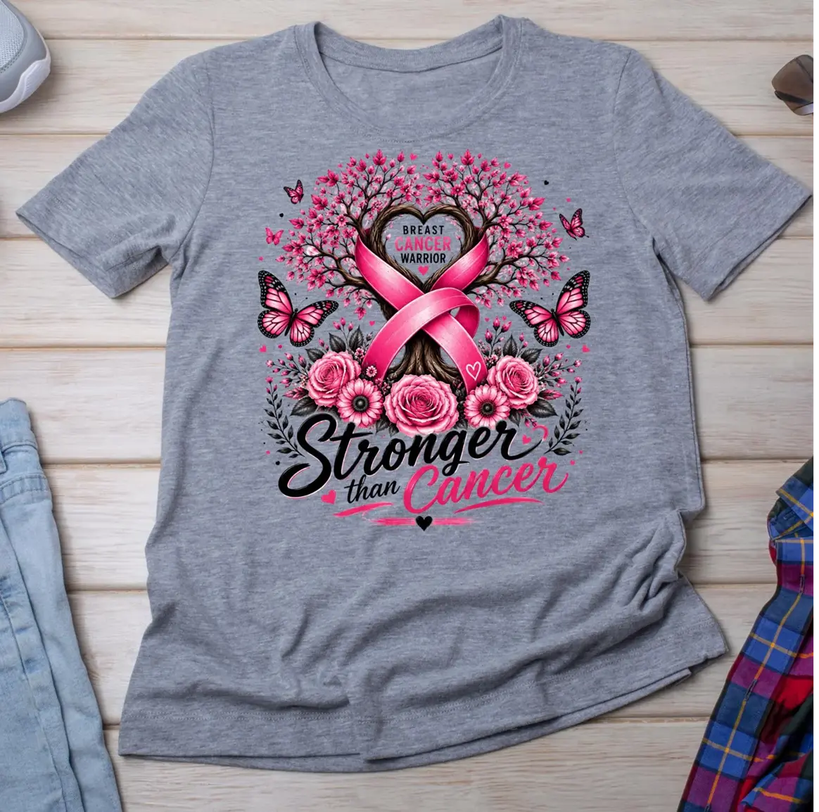 Stronger Than Cancer Breast Cancer with Pink Ribbon Breast Cancer Awareness T shirt DuoCreationZ