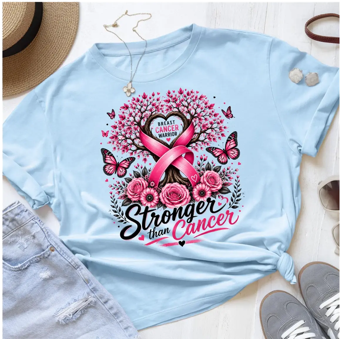 Stronger Than Cancer Breast Cancer with Pink Ribbon Breast Cancer Awareness T shirt DuoCreationZ