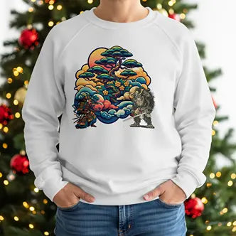 Japanese Samurai Wolf T-Shirt with Bonsai Trees, Traditional Art Style Sweatshirt Duo Creation