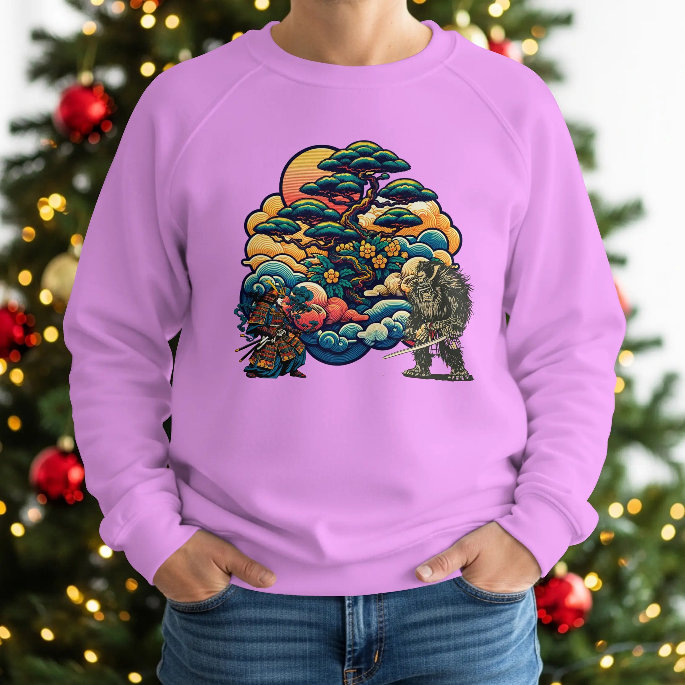 Japanese Samurai Wolf T-Shirt with Bonsai Trees, Traditional Art Style Sweatshirt Duo Creation