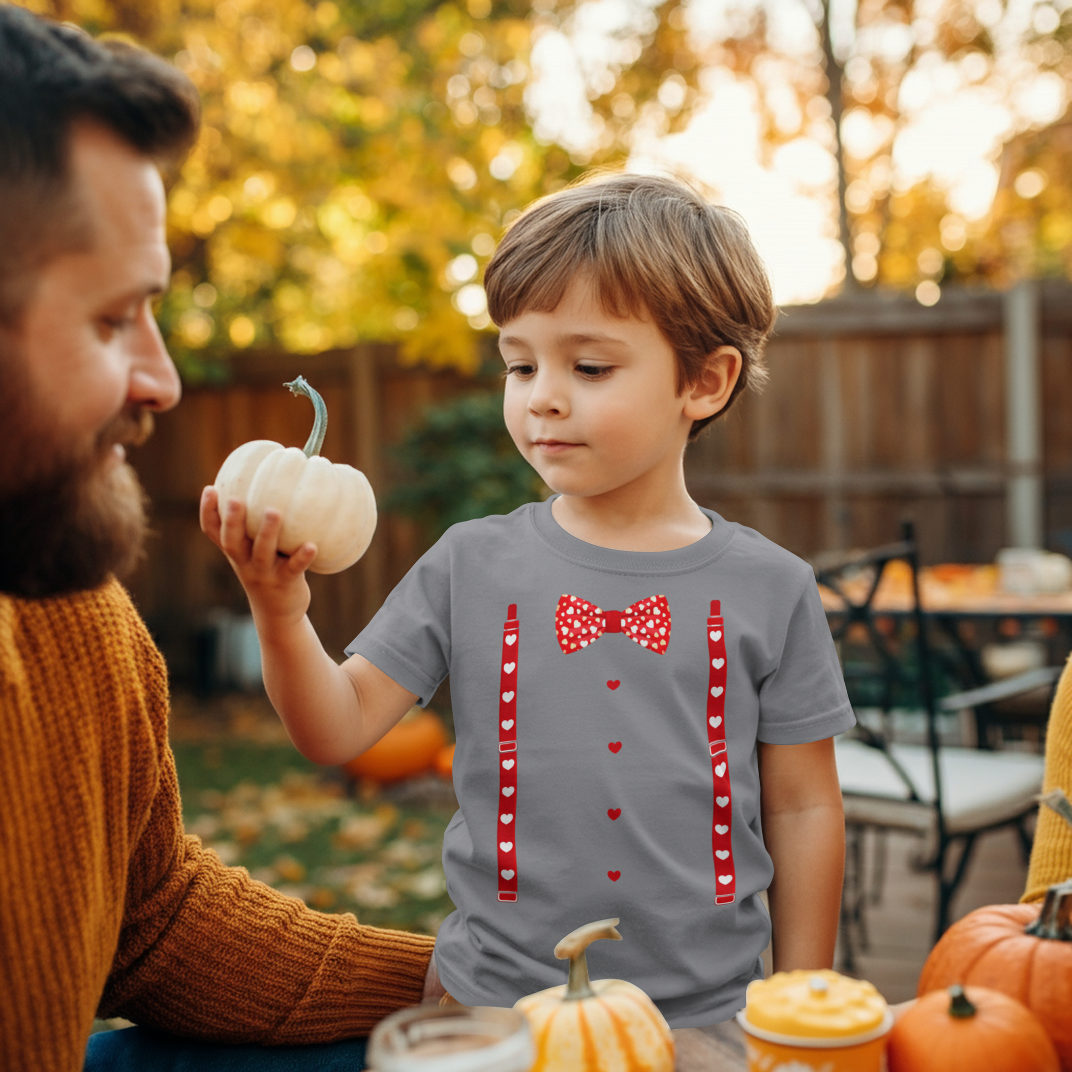 Red Hearts Bow Tie Suspenders Valentines Day Costume Boys T-Shirt