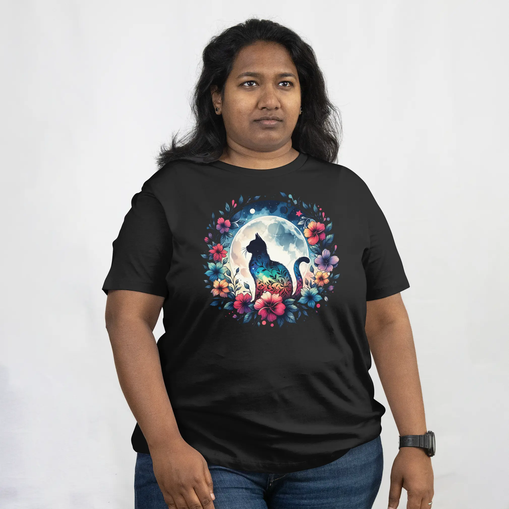 floral moon cat Short Sleeves t Shirts Duo Creation