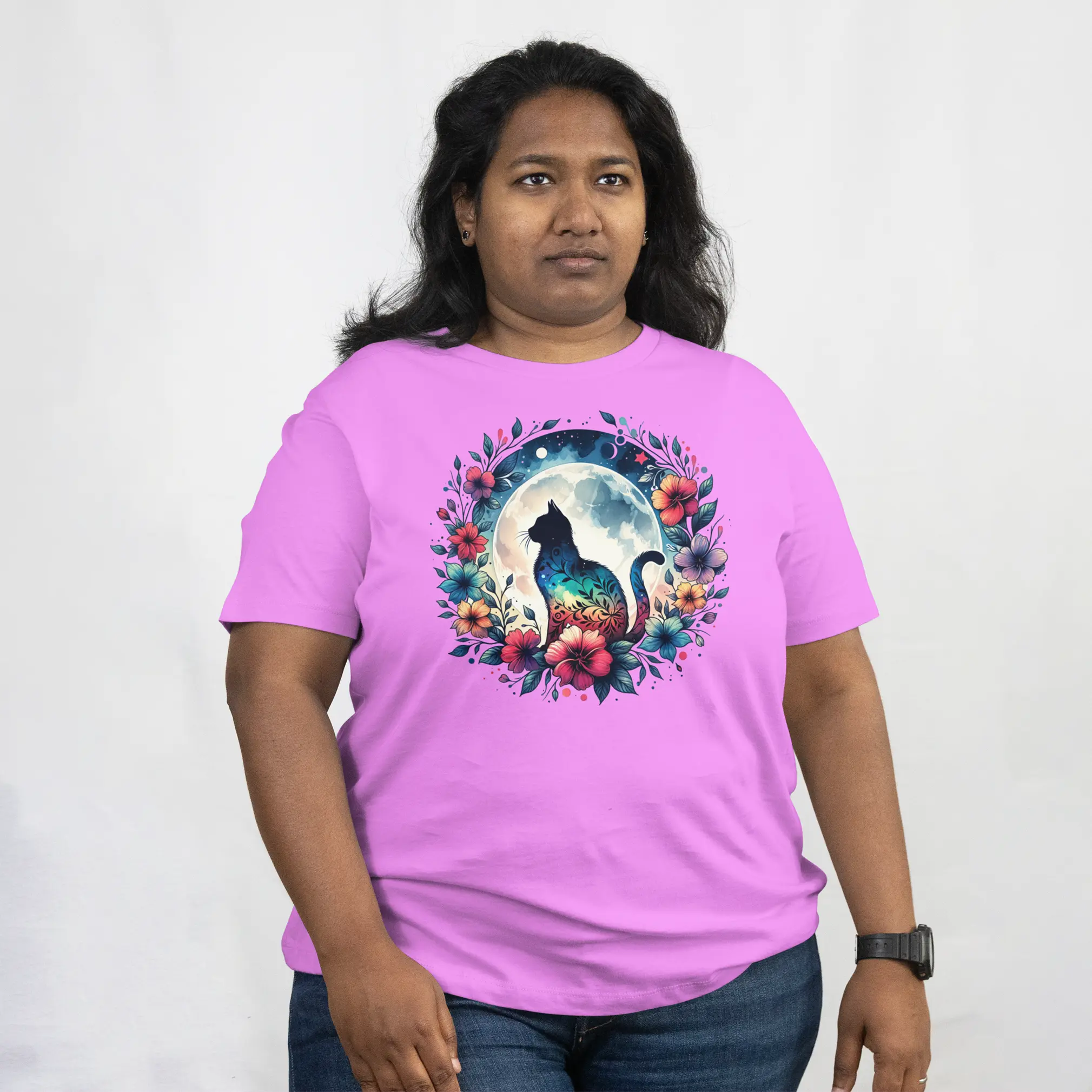 floral moon cat Short Sleeves t Shirts Duo Creation