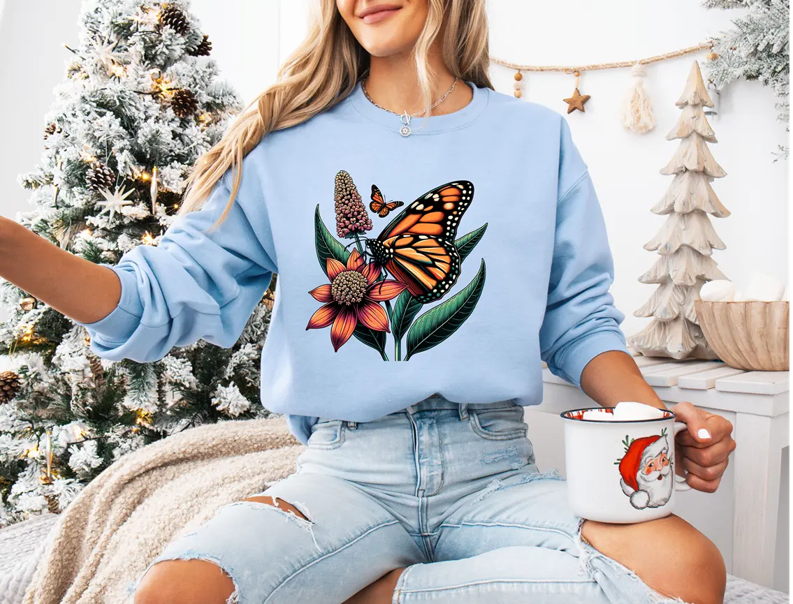 Monarch Butterfly Classic fit Nature Milkweed Print Sweatshirt Duo Creation