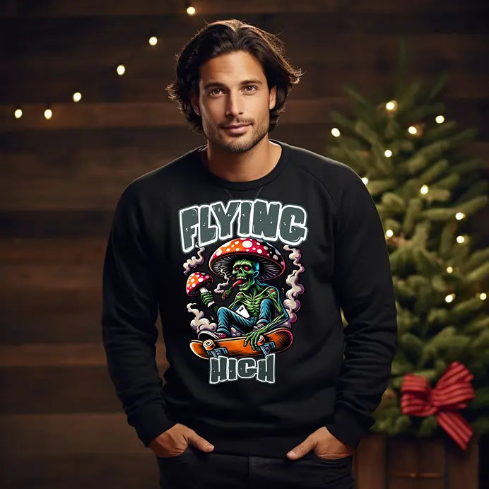Flying High Skeleton Skater Graphic Classic Fit Sweatshirt, Psychedelic Mushroom Duo Creation
