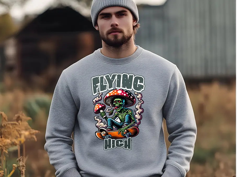 Flying High Skeleton Skater Graphic Classic Fit Sweatshirt, Psychedelic Mushroom Duo Creation