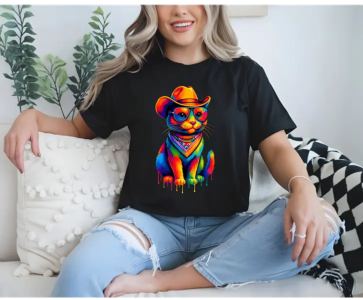 Rainbow Cat Sweatshirt, Cowboy Style Graphic Print, Colorful Dripping Paint Design Duo Creation