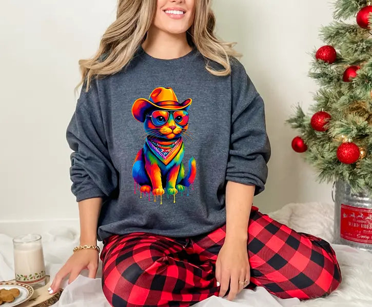 Rainbow Cat Sweatshirt, Cowboy Style Graphic Print, Colorful Dripping Paint Design Duo Creation