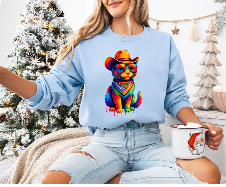 Rainbow Cat Sweatshirt, Cowboy Style Graphic Print, Colorful Dripping Paint Design Duo Creation