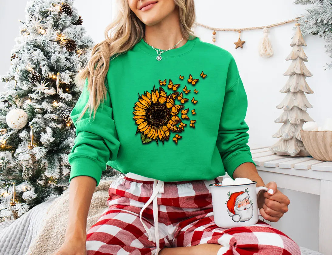 Sunflower and Butterfly Graphic Sweatshirt Duo Creation