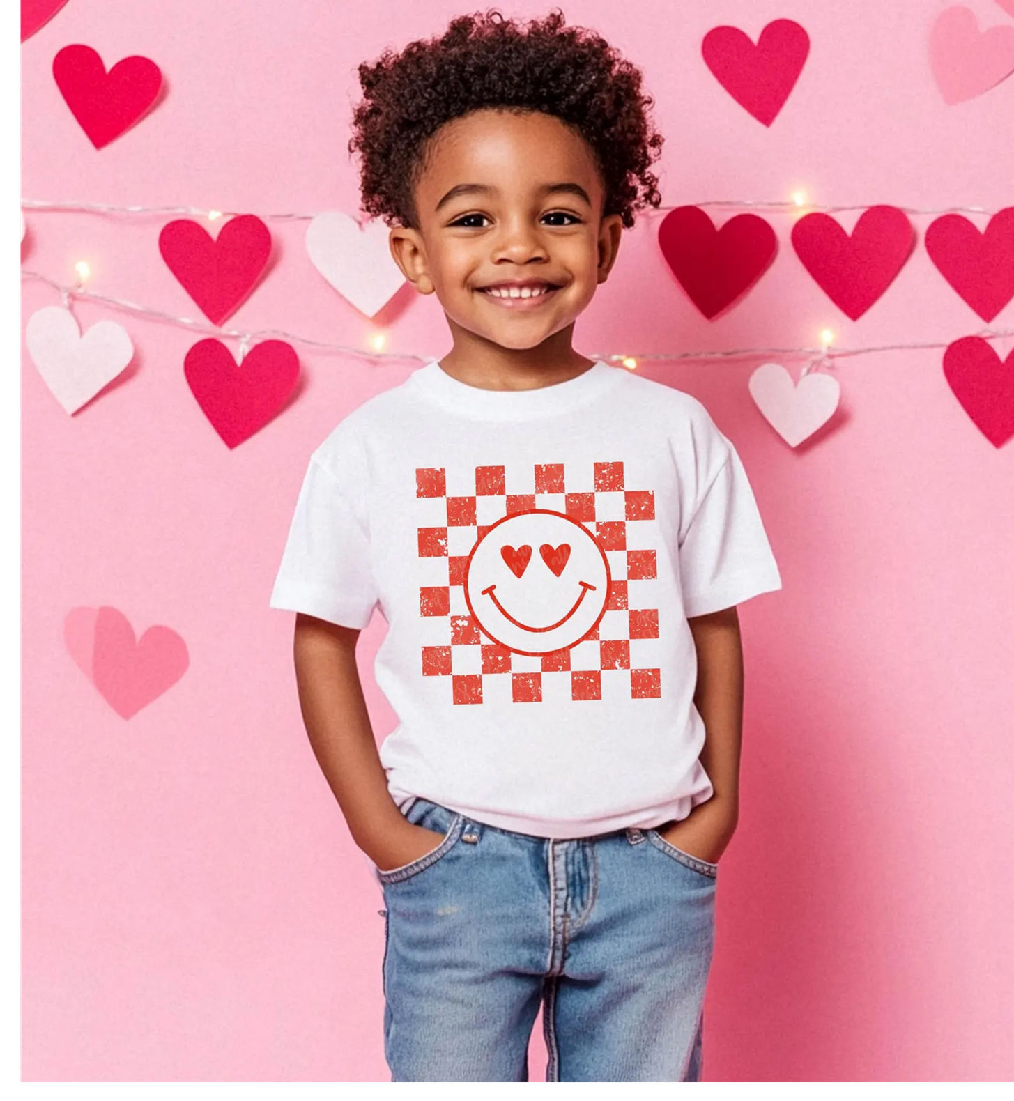 Kids Valentine's Day Shirt, Heart Shirt, Girls Valentine Shirt, Checkered Happy Face Toddler Boy, Retro Smile Shirt, Youth Valentine Gift